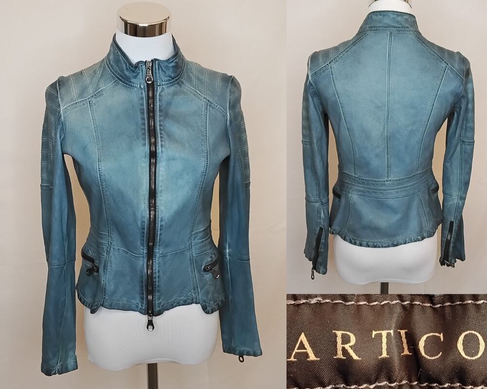 Artico Leather Jacket Women's XS/S Blue 100% Sheep/Lambskin Moto Tailored *W5074